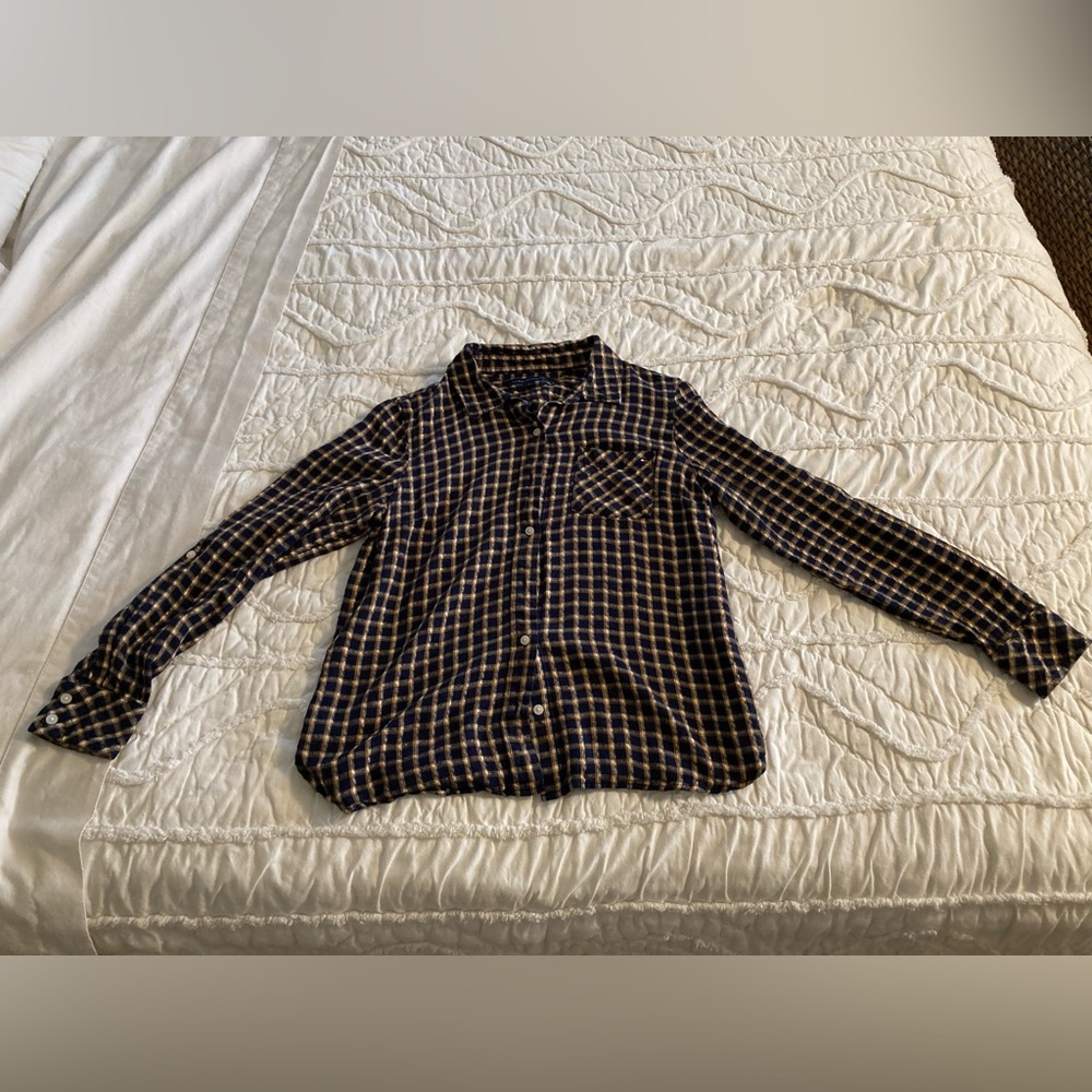 Tommy Hilfiger medium women’s buttoned shirt, navy blue and gold/yellow